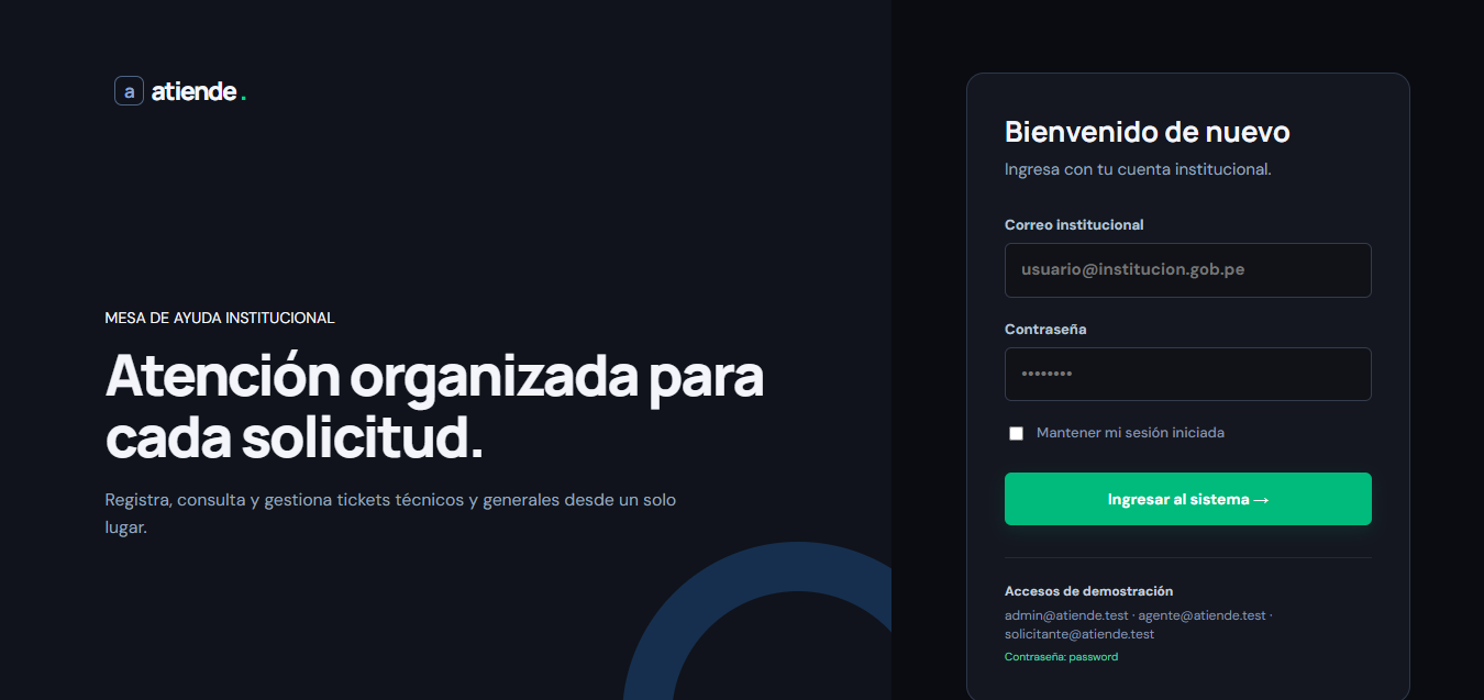 Pantalla de inicio de sesión de Atiende, mesa de ayuda institucional