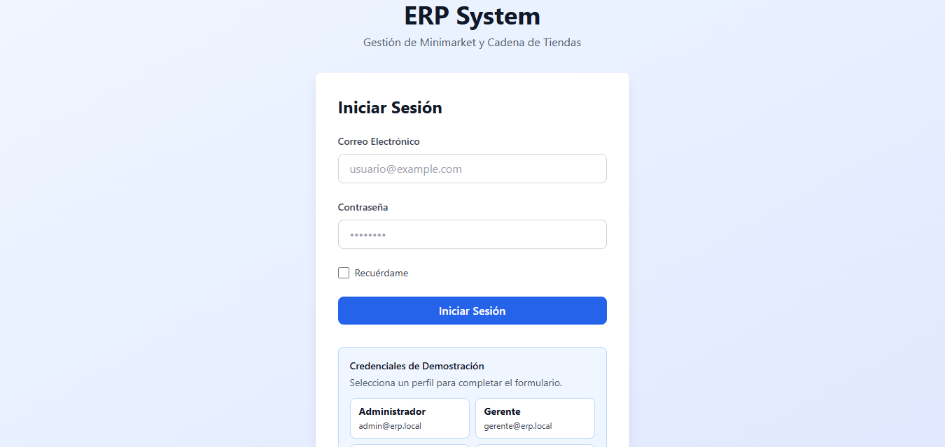 Pantalla de inicio de sesión de ERP System para minimarkets y cadenas de tiendas