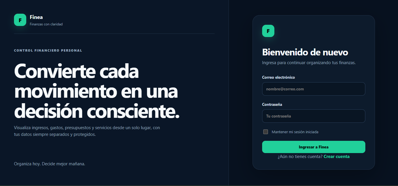 Pantalla de acceso de Finea, sistema de finanzas personales